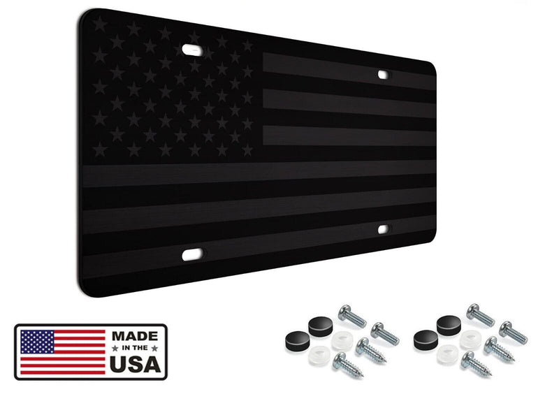 Subdued Tactical American Flag License Plate Matte Black on 1/8" Black Aluminum