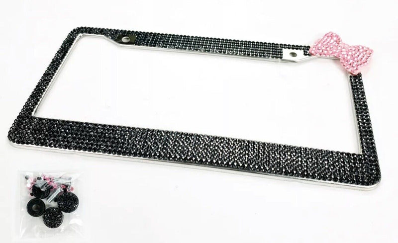 Pink Bow Tie Bling Diamond Crystal Black License Plate Frame For Front/Rear