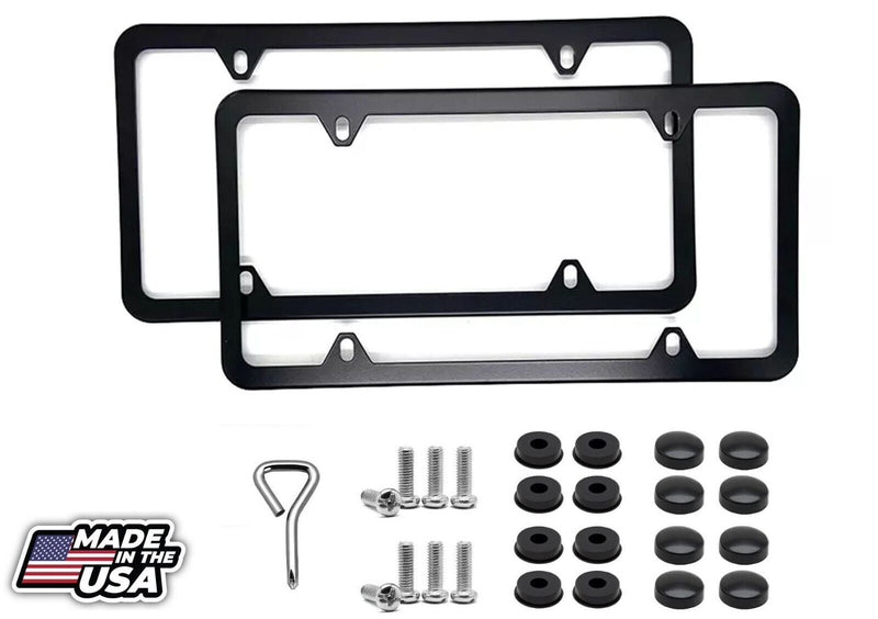 2x Black Stainless Steel Metal License Plate Frame Cover With Screw Caps