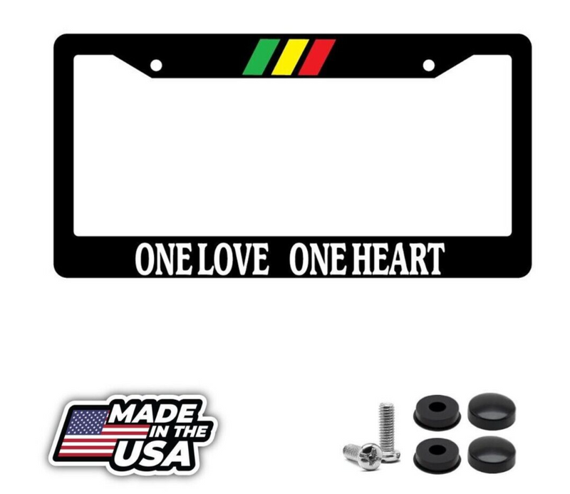 Black License Plate Frame "One Love One Heart" w/STRIPES Auto Accessory