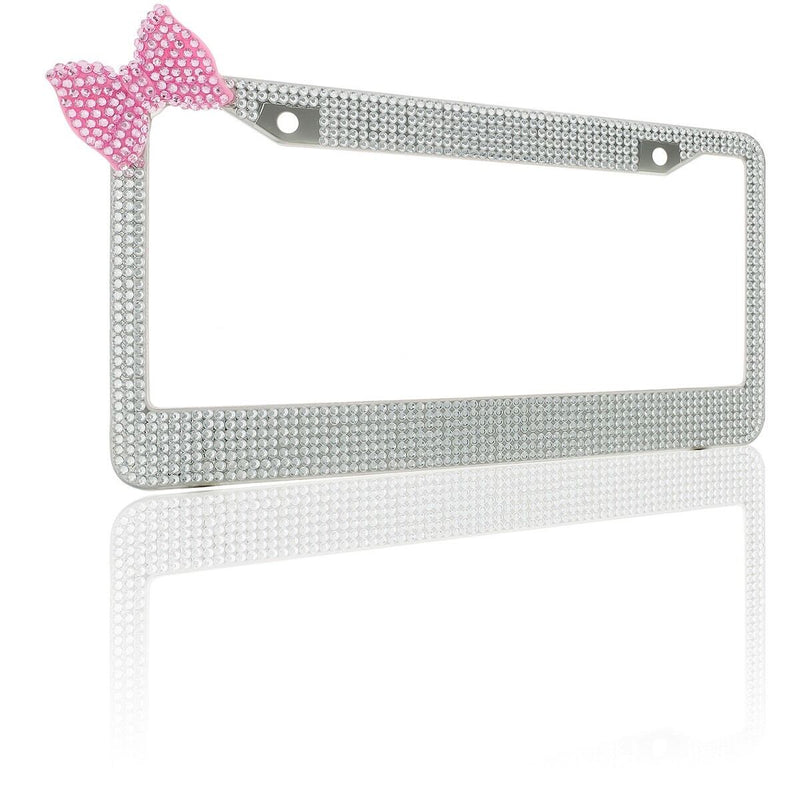 Clear 7 Rows Bling Diamond Crystal License Plate Frame With Corner Pink Bow Tie