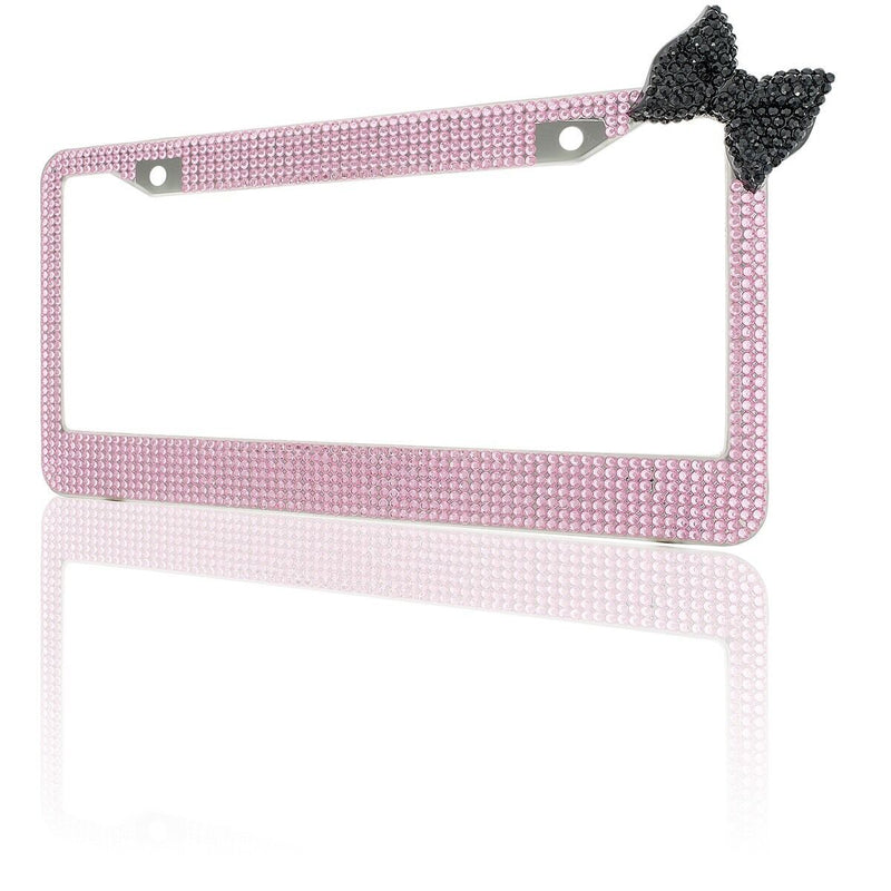 Pink 7 Rows Bling Diamond Crystal License Plate Frame With Corner Black Bow Tie