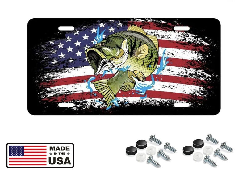 Bass USA Flag Fishing aluminum License Plate Car Tag including Mounting Hardware