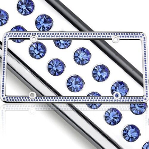 Swarovski Blue Crystal Bling license plate frame Inlay With Matching Screw Caps