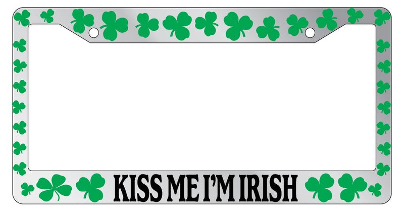 Chrome License Plate Frame Shamrocks Kiss Me I&