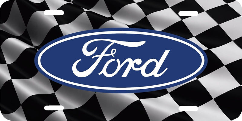 CHECKERED FLAG BLUE FORD BADGE VEHICLE ALUMINUM LICENSE PLATE CAR TAG .040 GA