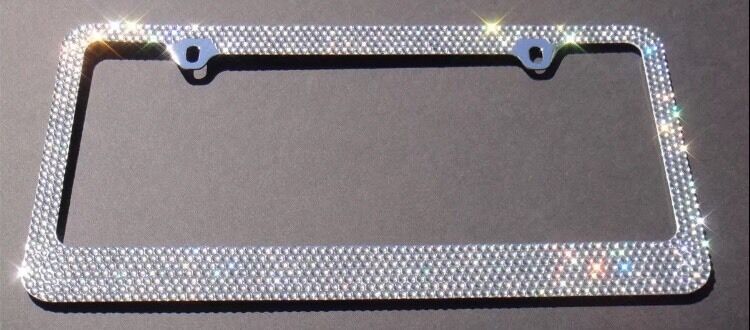 2 PCS Bling White Color Crystal Metal License Plate Frame with Chrome Screw Cap