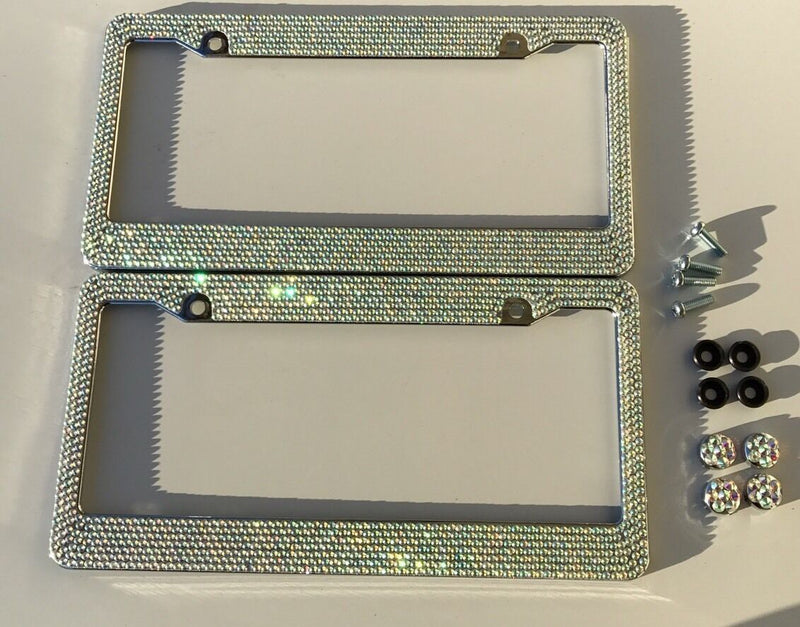 Pair Prism Effect Silver Bling Crystal RhineStone License Plate Frame Car Truck v2