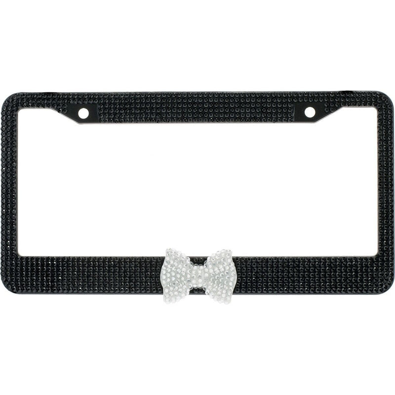 Black 7 Rows Bling Diamond Crystal License Plate Frame With Clear Bow Tie