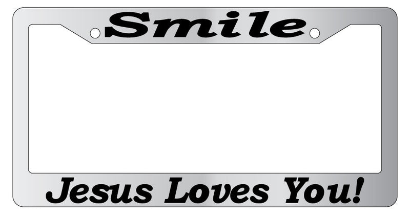 Chrome License plate frame Christian Smile Jesus Loves 2173  Mod-GRAPH9856236-1258