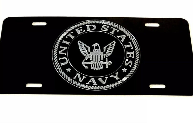 US NAVY A1 Logo Car Tag Diamond Etched on Black Aluminum License Plate
