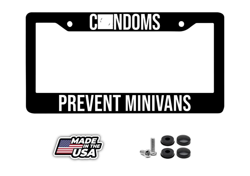 Condoms Prevent Minivans License Plate Frame Funny JDM Black Frame