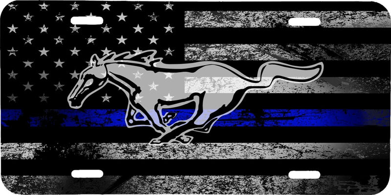 THIN BLUE LINE AMERICAN FLAG MUSTANG LOGO VEHICLE LICENSE PLATE POLICE FRONT TAG