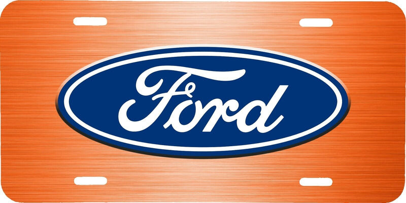 FORD BLUE LOGO ORANGE BRUSHED STEEL LOOK LICENSE PLATE CAR TRUCK TAG .040 GA