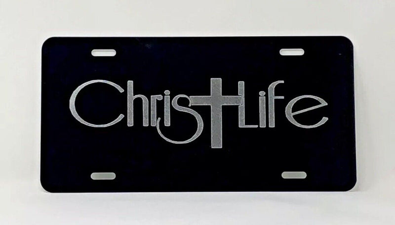 Christ Life logo Car Tag Diamond Etched on Black Aluminum License Plate