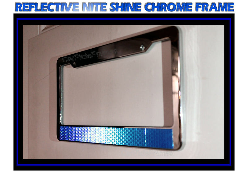 CHROME REFLECTIVE BLUE LINE NITE SHINE PLASTIC TAG HOLDER License Plate Frame