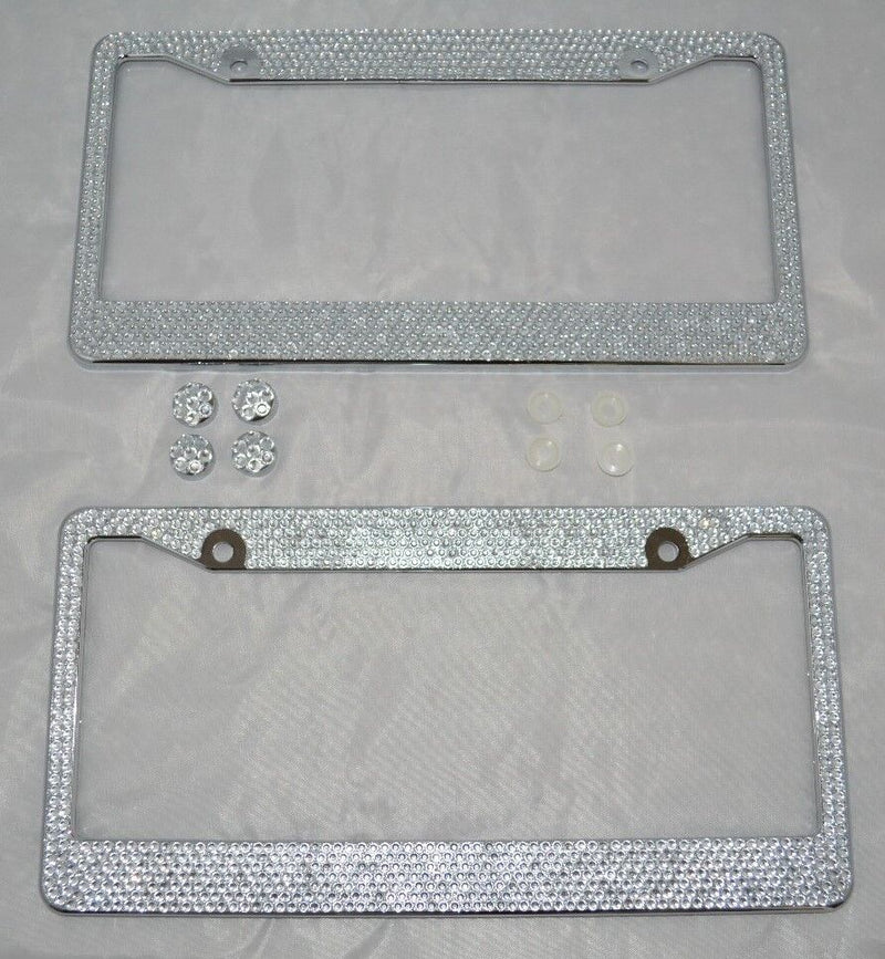2 All White Silver Bling Glitter Crystal RhineStone Metal License Plate Frame
