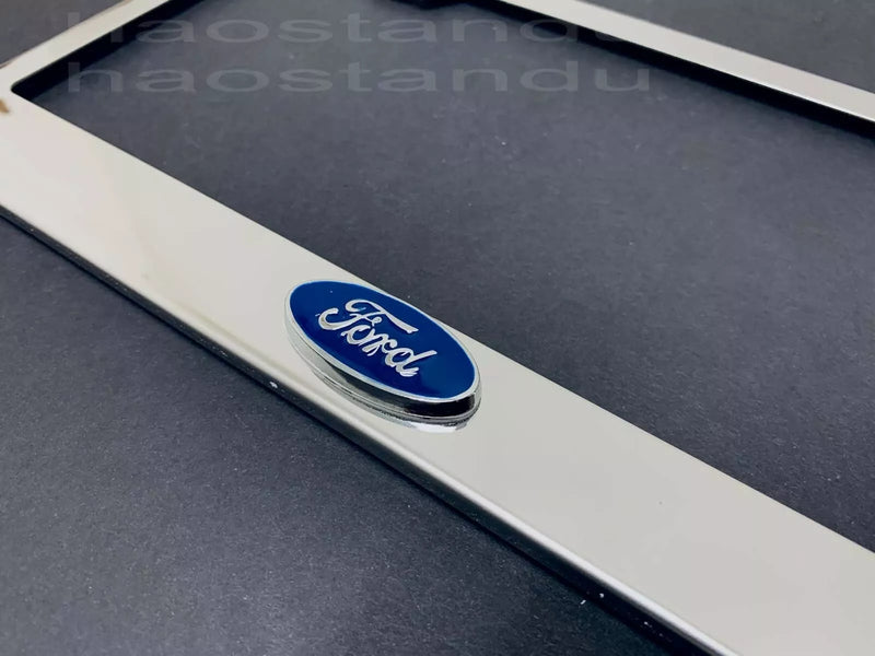 1x FORD LOGO 3D Emblem STAINLESS STEEL Chrome License Plate Frame RUST FREE +S.Cap