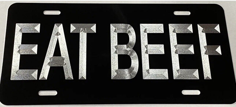 Silver Engraved Eat Beef Black Car Tag Diamond Etched Metal Front License Plate