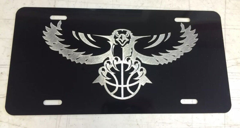 Atlanta Hawks Logo Car Tag Diamond Etched on Black Aluminum License Plate