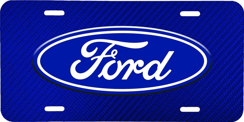 FORD LOGO WITH BLUE CARBON FIBER LOOK VEHICLE ALUMINUM LICENSE PLATE TAG .040 GA