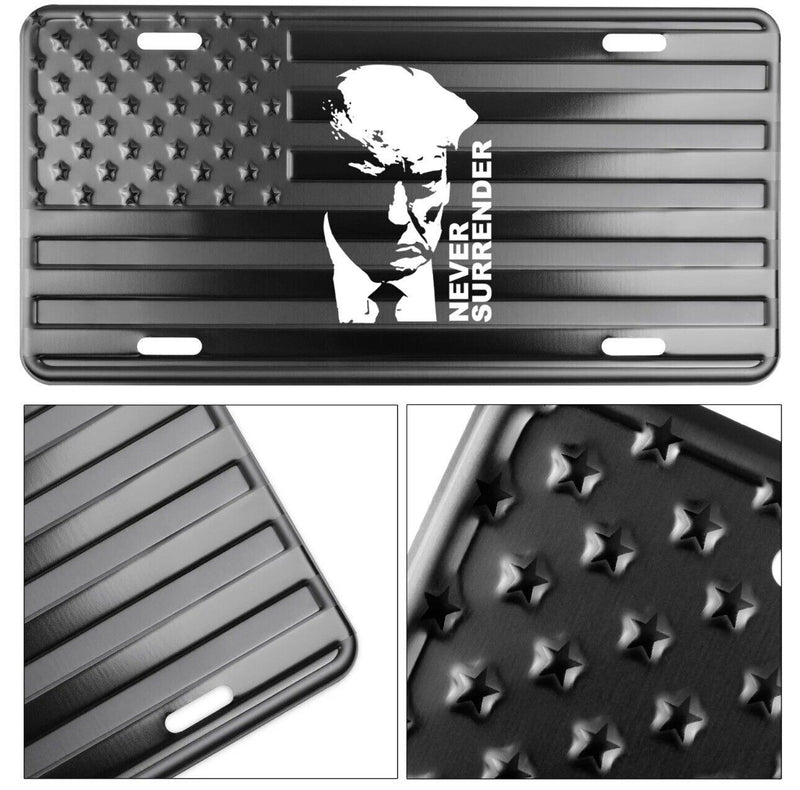 Never Surrender embossed american flag license plate Laser Etched
