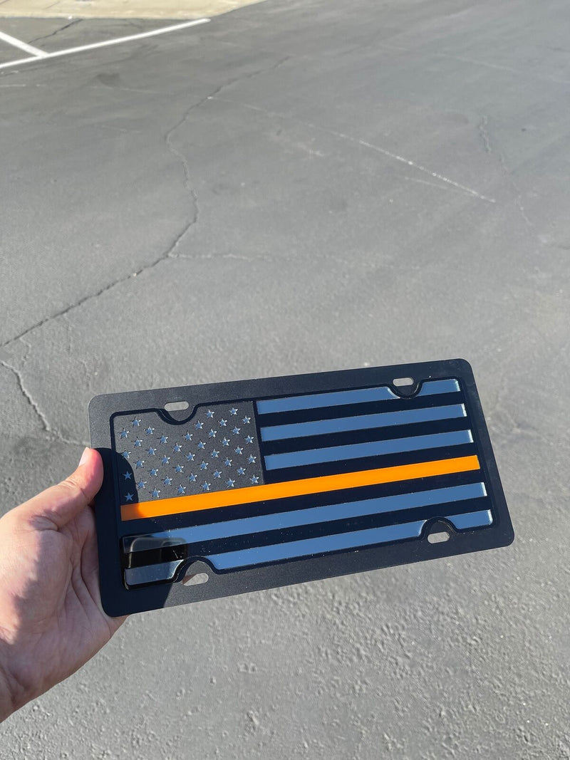 American Flag Orange Thin Line Acrylic Vanity License Plate Blacked Out Tactical