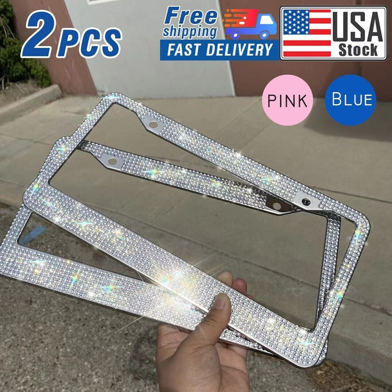 USA 2PCS Bling License Plate Frame Glitter Crystal Sparkling Rhinestone Tag