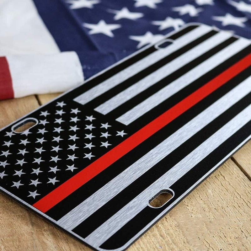 Thin Red Line American Flag License Plate Matte Black on Brushed Alum 1/8" HD