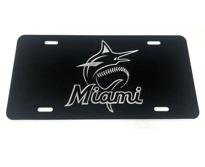 Miami Marlins New Logo Car Tag Diamond Etched on Black Aluminum License Plate