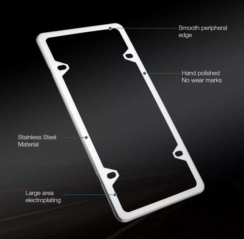 2Pcs Chrome Stainless Steel Metal License Plate Frame Cover With Screw Caps