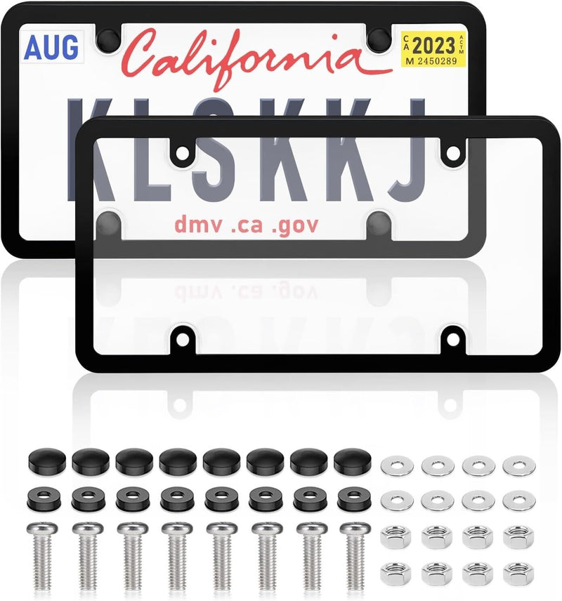 2 Unbreakable Clear License PlateShield Covers + 2 Black Frames + 8 Caps v2