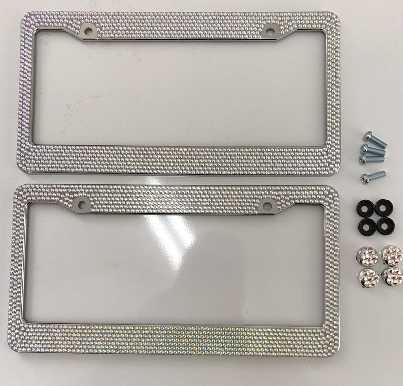 Pair Prism Effect Silver Bling Crystal RhineStone License Plate Frame Car Truck v2