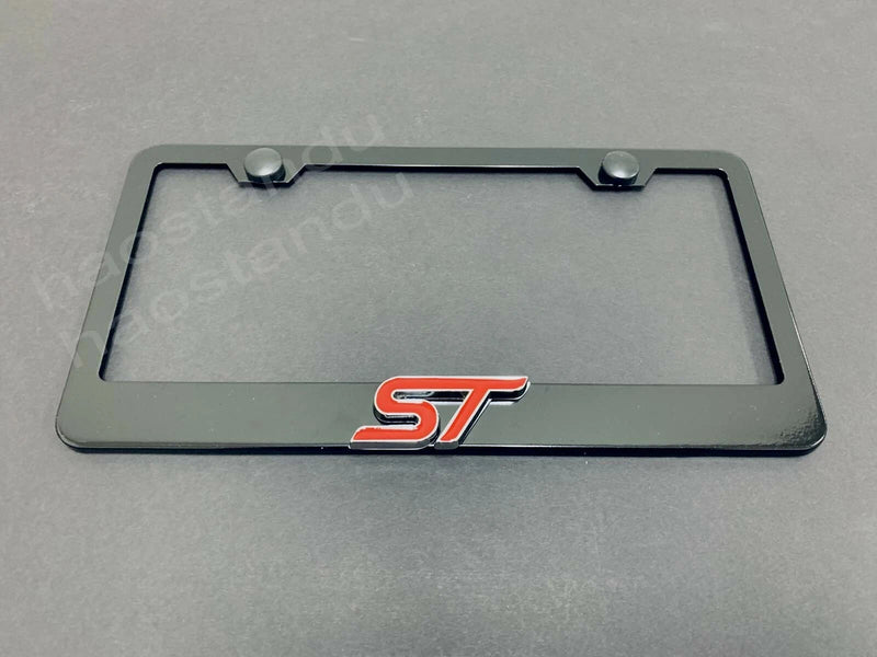 1x Red "ST" 3D Emblem BLACK Stainless License Plate Frame RUST FREE + Screw Caps