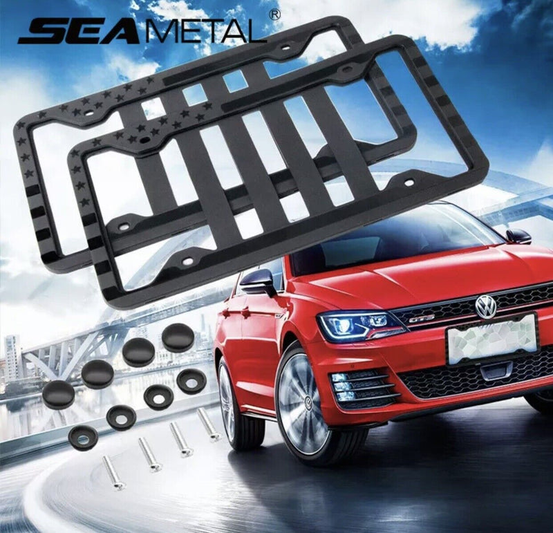 2pack American Flag License Plate Frame Holder- USA Patriotic Silicone Black Tag
