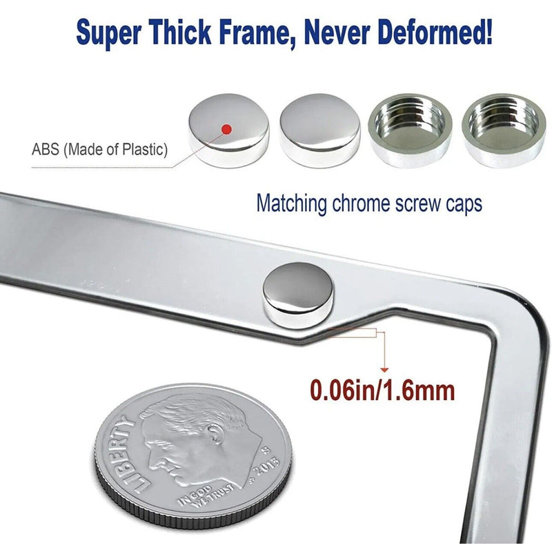 License Plate Frames, 2 Pcs 4 Holes Slim Stainless Steel Polish Mirror + Caps