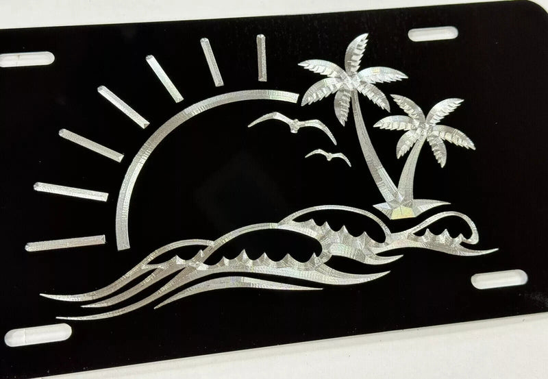Beach Palm Tree Car Tag Diamond Etched Black Metal Vanity Front License Plate