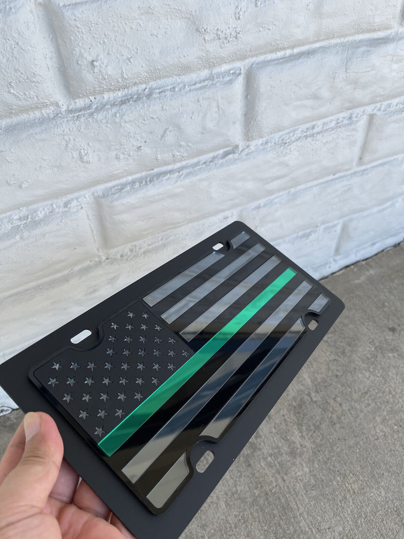 American Flag Green Thin Line Acrylic Vanity License Plate Blacked Out Tactical