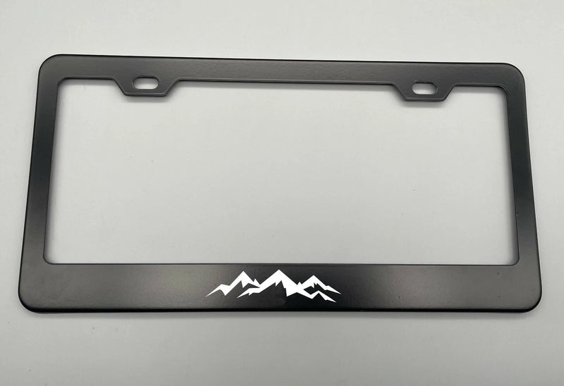Laser Engraved Mountain Black Stainless Steel License Plate Frame fit Jeep, Matte, Metal, Screw-On, Front, Universal Fitment, Road Legal, Car