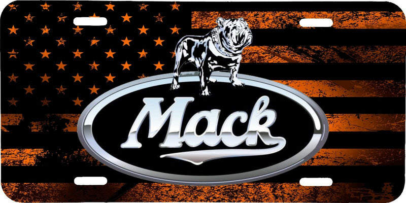 MACK TRUCK LOGO DISTRESSED ORANGE FLAG LOOK VEHICLE LICENSE PLATE TAG .040 GA