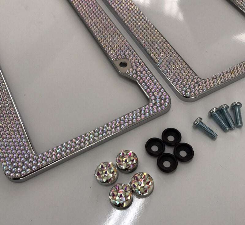Pair Prism Effect Silver Bling Crystal RhineStone License Plate Frame Car Truck v2