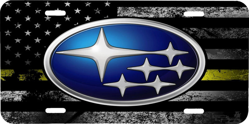 SUBARU LOGO THIN YELLOW LINE USA FLAG VEHICLE LICENSE PLATE AUTO TAG .040 GA