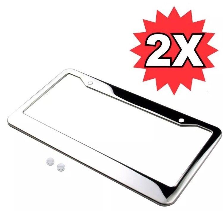 2Pcs Chrome Stainless Steel Metal License Plate Frame Cover With Screw Caps v4