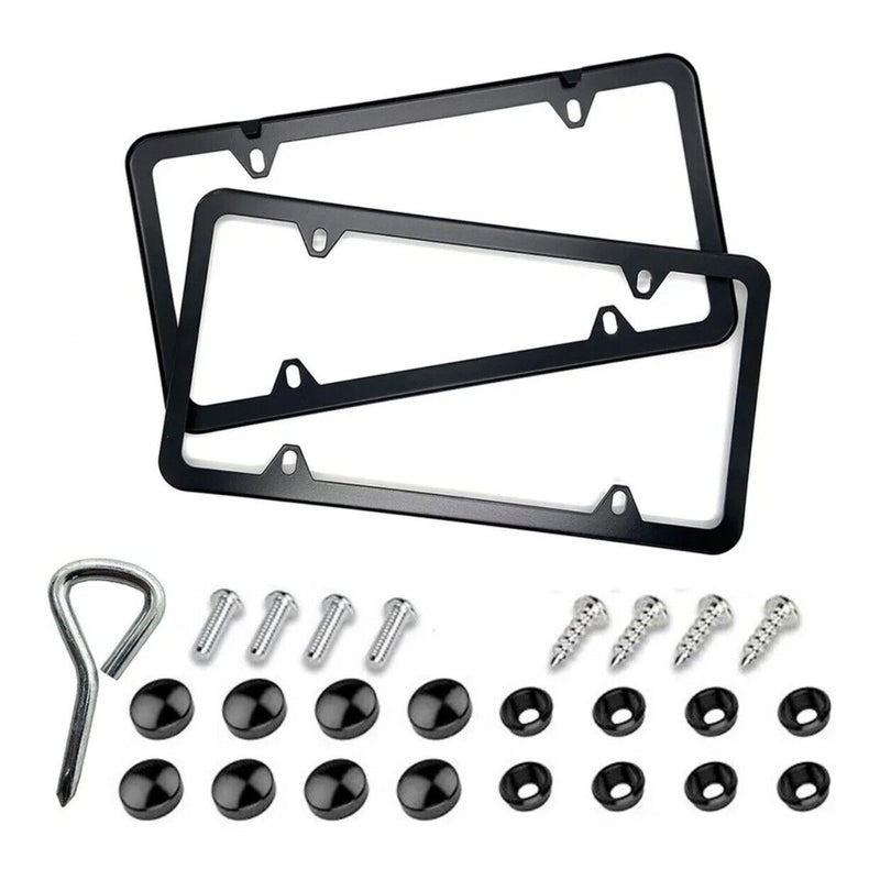 2Pcs Black Stainless Steel Metal License Plate Frame Cover With Screw Caps