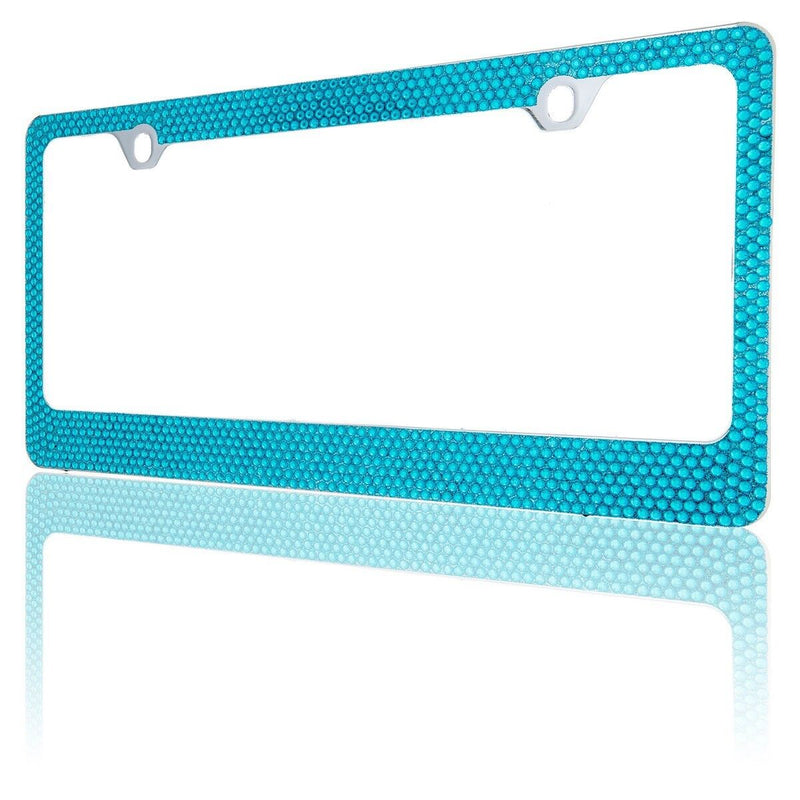 7 Rows Bling Light Blue Crystal Rhinestone METAL License Plate Frame+Caps