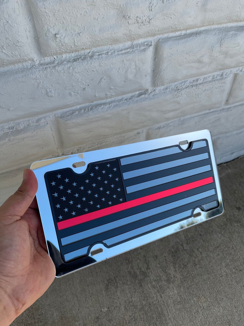 Blacked Out USA Flag Mirror Acrylic License Plate- Thin RED Line Fire, Ems