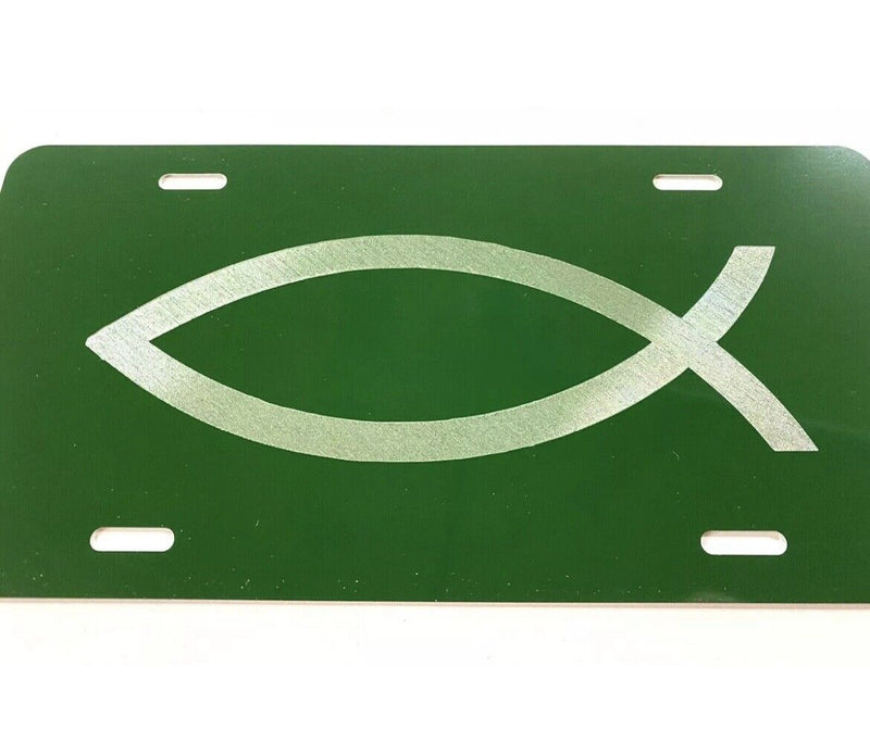 Christian Fish logo Car Tag Diamond Etched on Green Aluminum License Plate