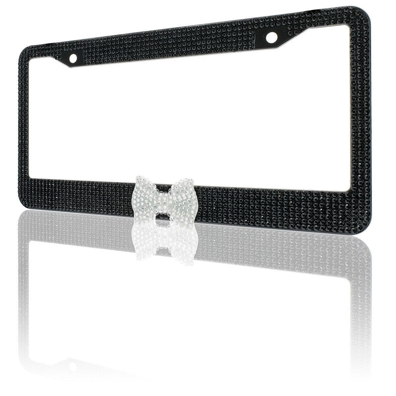 Black 7 Rows Bling Diamond Crystal License Plate Frame With Clear Bow Tie
