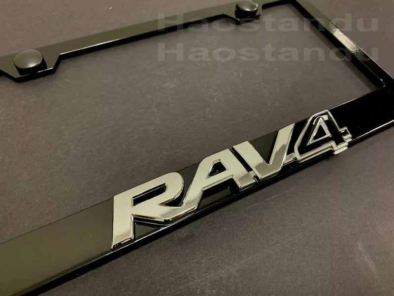 1x For RAV4 3D Emblem BLACK Stainless License Plate Frame RUST FREE + Screw Cap