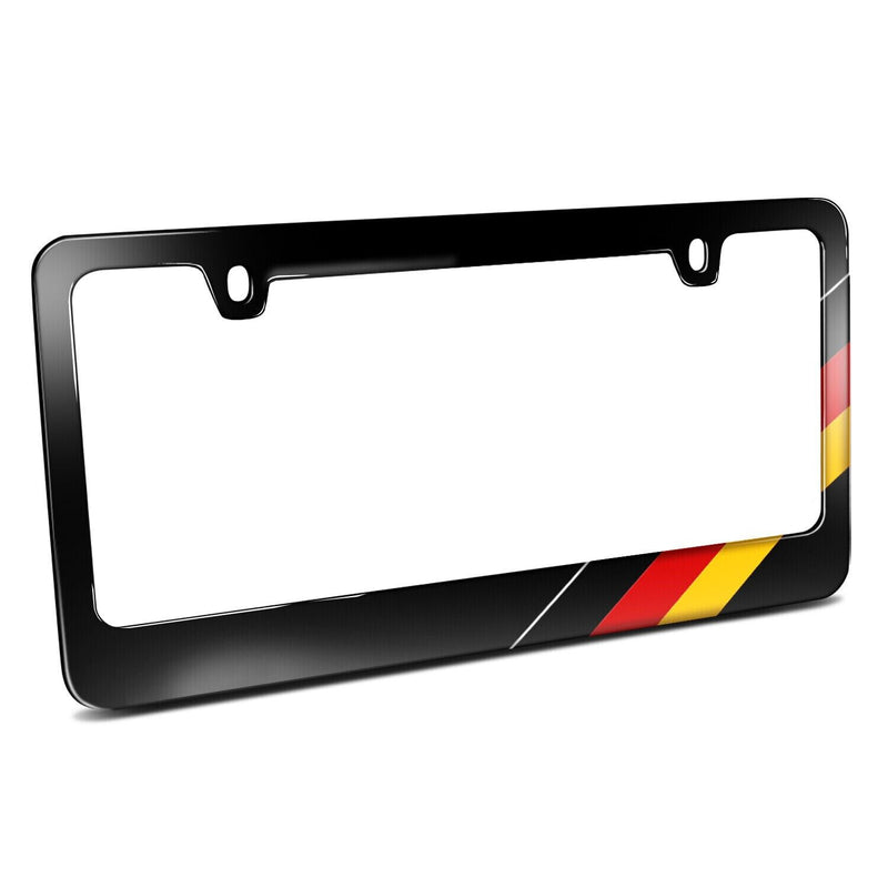German Flag Off-center in Sports Racing Stripe Black Metal License Plate Frame
